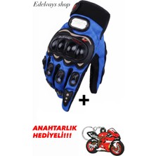 Edelvays Shop 3 Mevsim Korumalı EN13594 Sertifikalı Motosiklet Eldiveni Mavi Uzun