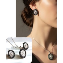 Keskin Gümüş 925 Ayar Gümüş Siyah Bombe Göz Tasarım  Kolye Küpe Kadın Set Sevgililer Günü Hediye