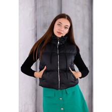 Pengora Kadın Kışlık Şişme Yelek Fermuarlı Dik Yaka Kapitoneli Bağcıklı Puff Dolgulu