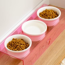 Delixa Herniks Pati Desenli Şeffaf Pleksi ve Seramik Üçlü Mama Kabı 44X15 cm (Pembe)