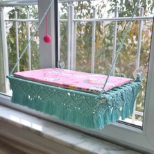 Delixa Makrome Vantuzlu Hamak Cam Kedi Yatağı, Pamuklu Mat ve Örgü Toplu (Mint Yeşili)