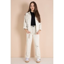 Cansın Mini Bej Yazı Detaylı Gömlekli Kız Çocuk Pantolonlu Gabardin Takım 23565