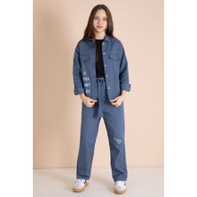 Cansın Mini Indigo Yazı Detaylı Gömlekli Kız Çocuk Pantolonlu Gabardin Takım 23567
