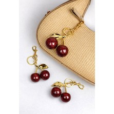 Tayem Kiraz Charm Çanta Süsü & Aksesuarı, Altın Gold Renk Simli Cherry, Reçine Taşlı Çanta Anahtarlık