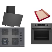 Bosch Gri 3 Lü Ankastre Set 519 ( HUA717BN0T - POH7C9P31O - DWK64PJ70T  ) 67CM Wok Bek Ocak - Buhar Destekli Fırın - Pişirme Matı ile