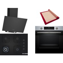 Bosch Siyah 3 Lü Ankastre Set 520 ( HUA717BR0T - POH7C6P31O - DWK64PJ60T  ) 67CM Wok Bek Ocak - Buhar Destekli Inox Fırın - Pişirme Matı ile