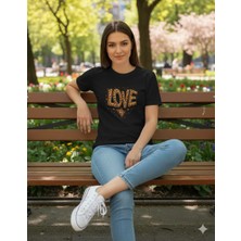 Texrium Leopar Kalp Baskılı %100 Pamuklu Siyah Beyaz T-Shirt
