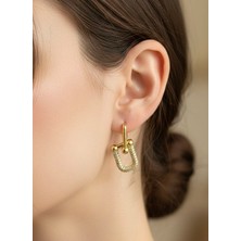 Nurora Altın Taşlı Bağlantılı Çelik Küpe