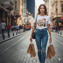 Texrium Lady Leopar Baskılı Ruj Detaylı %100 Pamuk Kadın T-Shirt