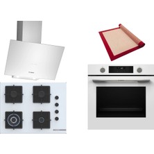 Bosch Beyaz 3 Lü Ankastre Set 525 ( HUA736EV0T - POH7C2P31O - DWK64PJ20T  ) 67CM Wok Bek Ocak - Buhar Destekli Fırın - Pişirme Matı ile