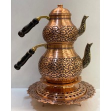 Maraş Bakırcılık - Osmanlı Isıtıcılı Oyma Işlemeli Kalın Bakır Çaydanlık Takımı 3 Litre – El Yapımı Içi Kalaylı