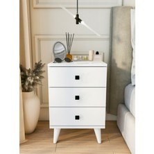 Montenero Komodin Parlak Beyaz 3 Çekmeceli Modern Komodin Yatak Odası Kare Kulp