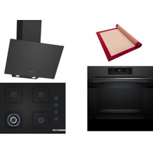 Bosch Siyah 3 Lü Ankastre Set 528 ( HJG852YT0T - POH7C6P31O - DWK64PJ60T  ) 67CM Wok Bek Ocak - 3D Fry Hava ile Kızartma - Pişirme Matı ile