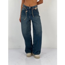 Miss Poem Kadın Zincir ve Yıldız Detaylı Bol Paça Jean Pantolon