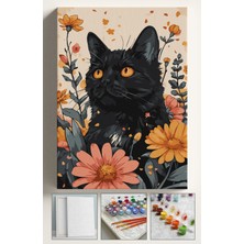 Corvo Sayılarla Boyama Seti Numaralı Tuval Fırça Boya 40X50 cm - Siyah Kedi ve Çiçekler