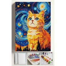 Corvo Sayılarla Boyama Seti Numaralı Tuval Fırça Boya 40X50 cm - Yıldızlı Gece Turuncu Kedi