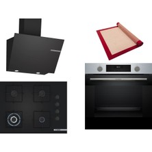 Bosch Siyah 3 Lü Ankastre Set 532 ( HUA717BR0T - POH7C6P31O - DWK66PJ60T  ) 67CM Wok Bek Ocak - Buhar Destekli Inox Fırın - Pişirme Matı ile