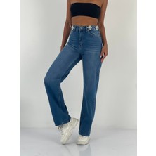 Miss Poem Kadın Aksesuar Taş Detaylı Yüksek Bel Mavi Jean Pantolon