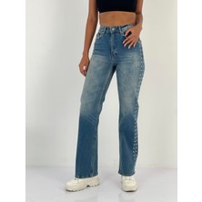 Miss Poem Kadın Yanları Taş Detaylı Düz Paça Mavi Jean Pantolon