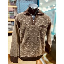 TCR Erkek Triko Yarım Fermuarlı Cepli Desenli Kazak