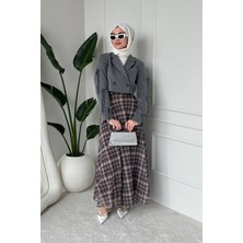 Tesettür Diyarı Noram Ekose Desen Astarlı Tül Tesettür Etek- Vizon