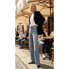 Miss Poem Kadın Baklava Desen Taş Yapıştırma Likralı %100 Pamuk Wide Leg Jean Pantolon