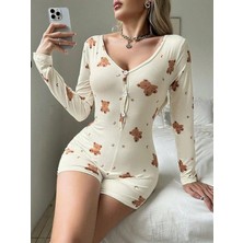 Red Womans Pamuklu Ekru Ayıcık Desenli Düğmeli Tulum Pijama