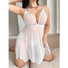 Red Womans Büyük Beden Beyaz Kalın Askılı Kurdelalı Fantezi Tül Gecelik