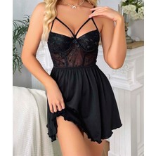 Red Womans Siyah Dantel Işlemeli Göğüs Ip Detaylı Fantezi Saten Gecelik