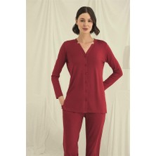 Red Womans Uzun Kollu Boydan Düğmeli V Yaka Pijama Takımı