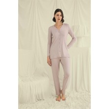 Red Womans Uzun Kollu Boydan Düğmeli V Yaka Pijama Takımı