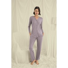 Red Womans Uzun Kollu Boydan Düğmeli V Yaka Pijama Takımı