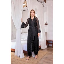 Red Womans Uzun Kollu Dantelli ve Kuşaklı Sabahlık