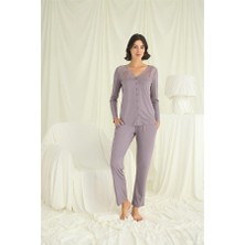 Red Womans Yakası Kolu ve Omzu Dantelli Boydan Düğmeli Pijama Takımı