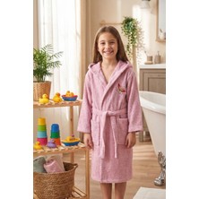 Hera Textile Kapüşonlu ve Kemerli Pamuklu PEMBE Erkek-Kız Genç Çocuk Bornozu(PAMUKLU-KELEBEK NAKIŞLI-YUMUŞAK)