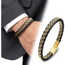 Fm Sarı Çift Zincir Çelik Ve Deri Bileklik 31834B2D4