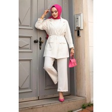 Tesettür Diyarı Kadın Çizgili Ceket ve Pantolon Ikili Takım-Beyaz