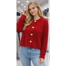 Kadın Kalpli Düğmeli Kırmızı Hırka