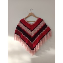 Yaso Shop El Örgüsü Kadın Panço Kırmızı Bordo Pembe