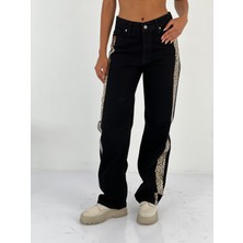 Miss Poem Kadın Yanları Leopar Desenli Denim Siyah Kot Pantolon