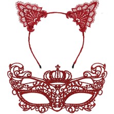 Lunirawear Lunı  Lüks Kırmızı Dantel Taçlı Maske Seti 2 No - Parti, Balo, Kostüm Aksesuarı 968547