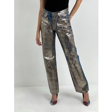 Miss Poem Kadın Leopar Varak Baskılı Wide Leg Jean - Orta Mavi