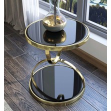 Şar Mobilya Gold Metal Cam Yan Sehpa 2 Katlı Modern Zigon Dekoratif Lüks Tasarım Sehpa