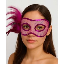 Lunirawear Lunı Fuşya Renk Yandan Tüylü Pul Payet Işlemeli Parti Maskesi 23X12 cm 968547