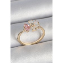 Nacario Pirinç Gold Renk Beyaz Mineli Pembe Zirkon Taşlı Çiçek Model Kadın Yüzük