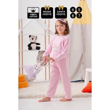 Buude Unicorn Desenli Çanta ve Maskeli % 100 Pamuk Kız Çocuk Pijama Takımı