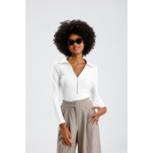 Rose Arya Beyaz Polo Yaka Uzun Kollu Bluz