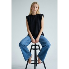 Poupee Siyah Vatkalı Kolsuz Penye Kadın Bluz, Kolsuz T-Shirt, Kadın T-Shirt, Vatkalı T-Shirt, Örme T-Shirt