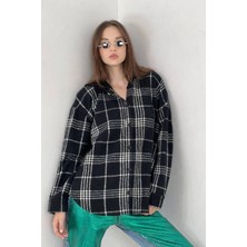 Miss Poem Siyah Ekose Desenli Kapüşonlu Kadın Gömlek