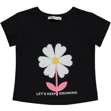 Civil Girls Mobil Çiçek Nakışlı 2-5 Yaş Tişört - Siyah 3-4 Yaş